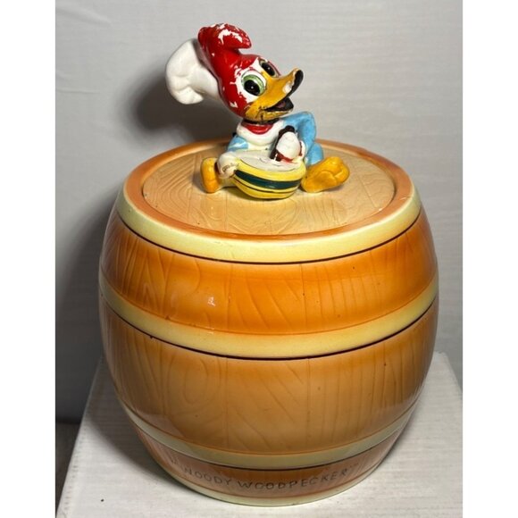 Vtg Woody Woodpecker Cookie Jar Barrel Design Ceramic Collectible Lid 9" Tall - Picture 3 of 16